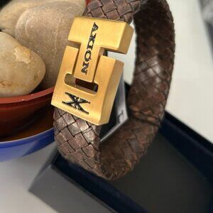 AXION Goldtoned Stainless Steel & Genuine Brown Leather Men's Bracelet